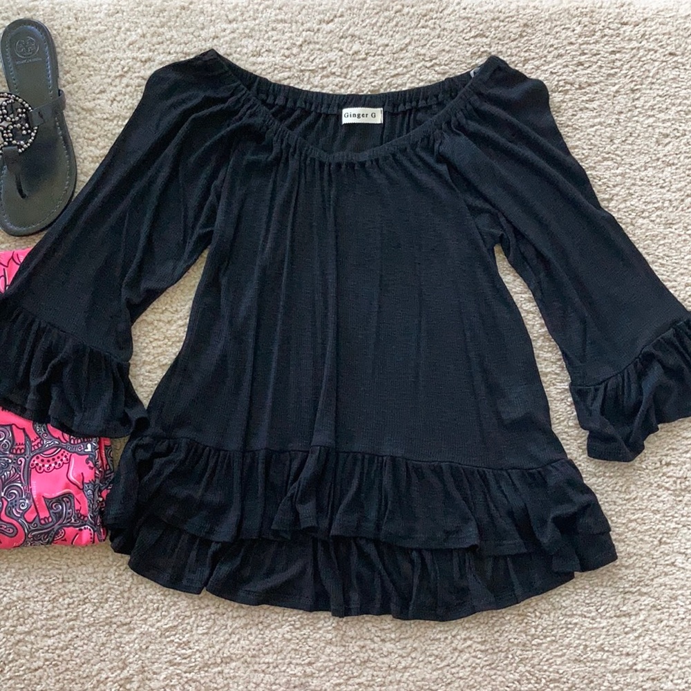 Black Off the Shoulder Ruffle Sleeve Top - Picture 2 of 8
